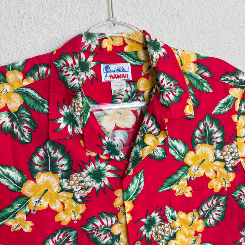 Vintage Hawaii Mens Large Red Hibiscus Pineapple Tropical Aloha Camp Shirt USA